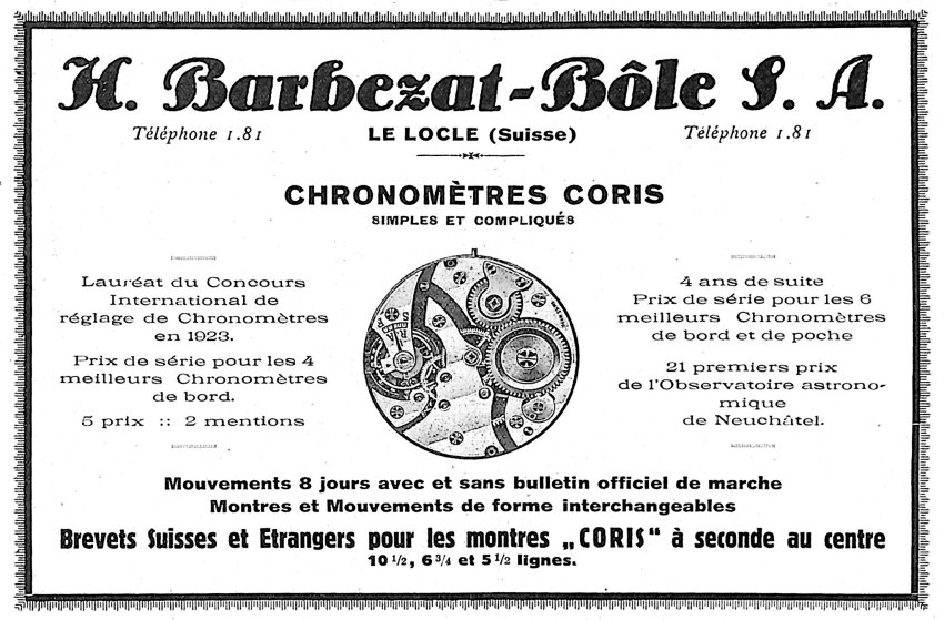 Anuncio de H. Barbezat-Bôle S.A., Le Locle, 1928 — la casa de su hermano Henri.
